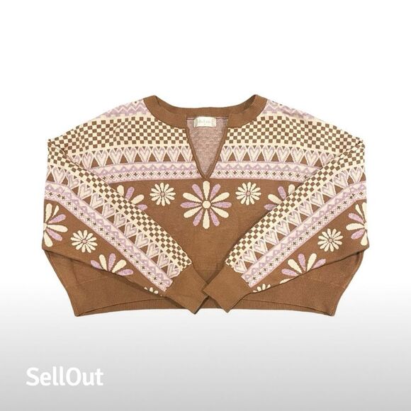 Altar'd State Women's Size M Brown Pink Floral Boho Pullover Sweater NWOT - Picture 1 of 5